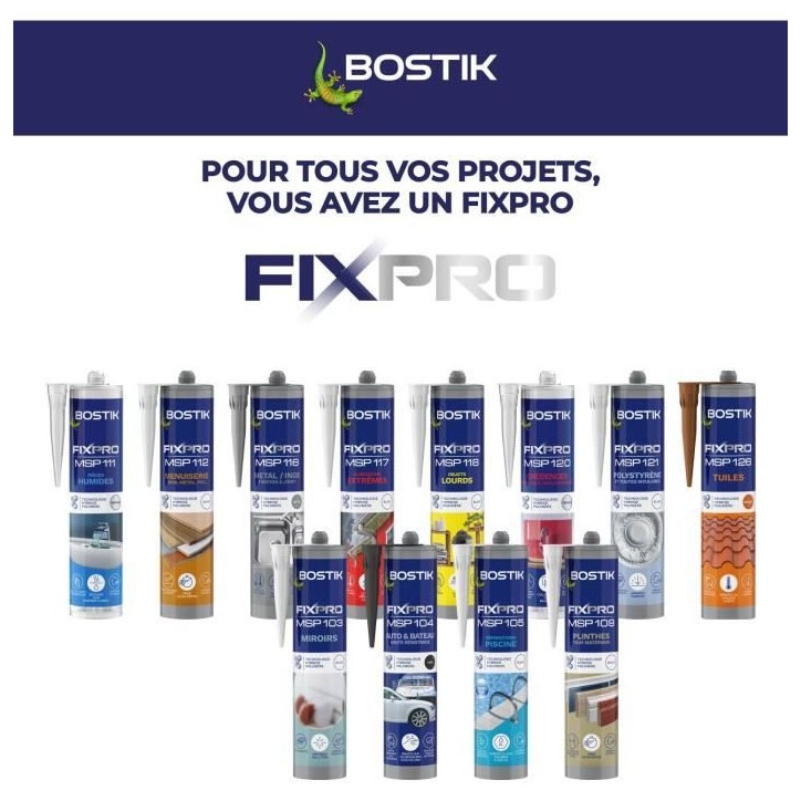 Mastic auto/bateau - BOSTIK - Fixpro MSP 104 - Colle et joint - Résiste intempéries et eau de mer - Noir - 290 ml Mastic auto/bateau - BOSTIK - Fixpro MSP 104 - Colle et joint - Résiste intempéries et eau de mer - Noir - 290 ml