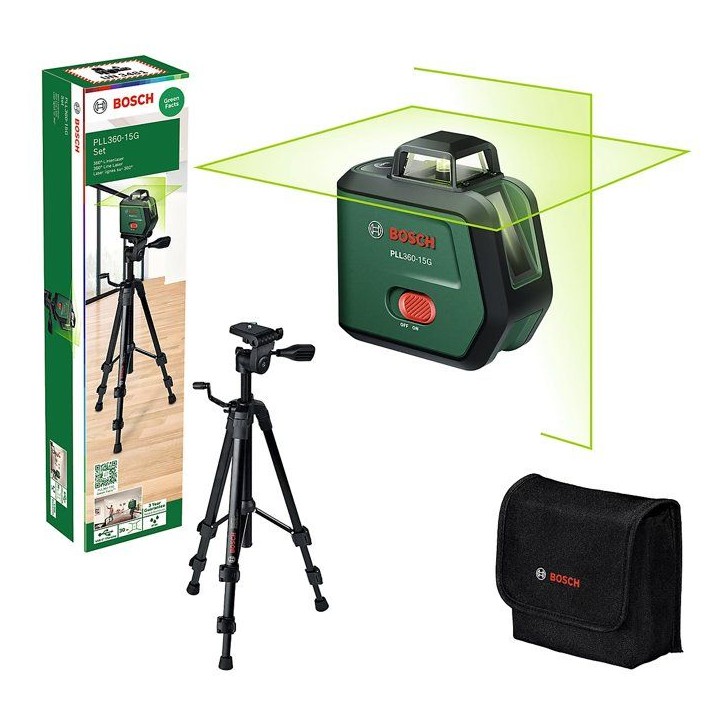 Laser lignes BOSCH - PLL 360-15G - Avec un trépied TT 120, un manuel d'utilisation, housse de protection, batterie Li-ion