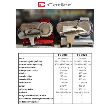 Trancheuse électrique CATLER FS 9010 - Jambon sec - Fromage a pâte dure - Lame 195/220 mm - Corps métal robuste