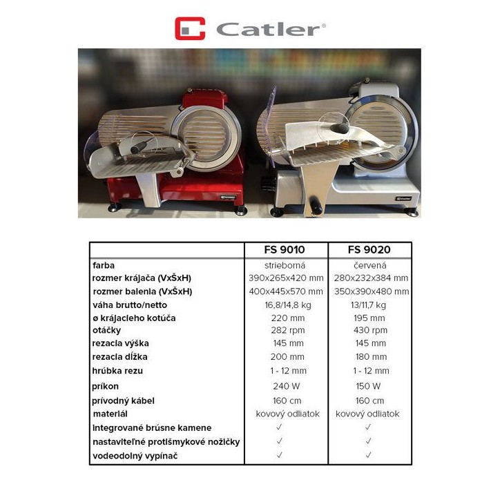Trancheuse électrique CATLER FS 9020 - Jambon - Fromage - Disque de coupe 195 mm - Épaisseur réglable 1-12 mm - Rouge