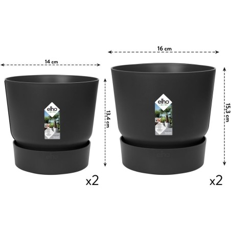 ELHO Lot de 2 pots de fleur rond Greenville - Ø14xH13,4 cm et Ø16xH15,3 cm - 7 L - Noir