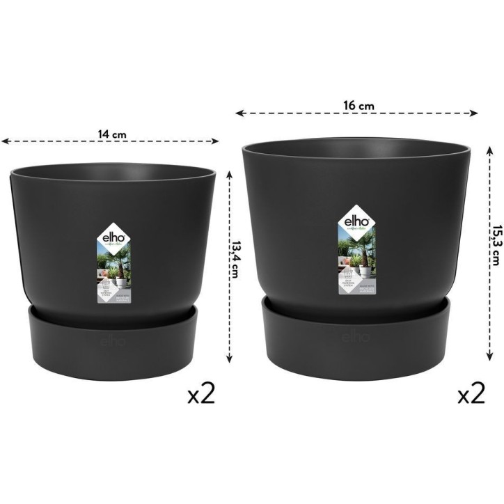 ELHO Lot de 2 pots de fleur rond Greenville - Ø14xH13,4 cm et Ø16xH15,3 cm - 7 L - Noir ELHO Lot de 2 pots de fleur rond Greenville - Ø14xH13,4 cm et Ø16xH15,3 cm - 7 L - Noir