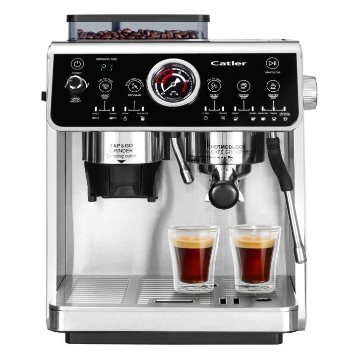 Machine a expresso a levier CATLER ES 910 - Café en grains - Double pompe 20/5 bars - Broyeur inox 30 niveaux - Noir/inox Machine a expresso a levier CATLER ES 910 - Café en grains - Double pompe 20/5 bars - Broyeur inox 30 niveaux - Noir/inox