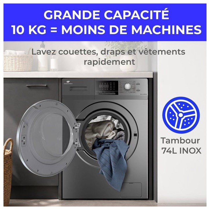 Lave-linge hublot CONTINENTAL EDISON CELL10140SA40 - 10 kg - Induction - L60 cm - Classe A - 1400 trs - Silver