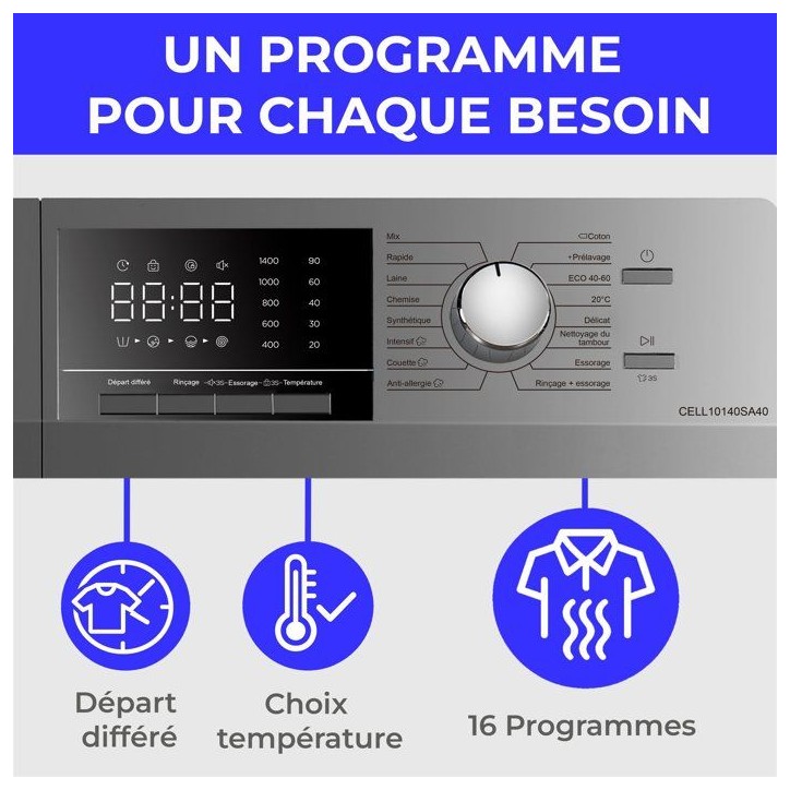 Lave-linge hublot CONTINENTAL EDISON CELL10140SA40 - 10 kg - Induction - L60 cm - Classe A - 1400 trs - Silver