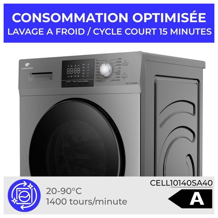 Lave-linge hublot CONTINENTAL EDISON CELL10140SA40 - 10 kg - Induction - L60 cm - Classe A - 1400 trs - Silver