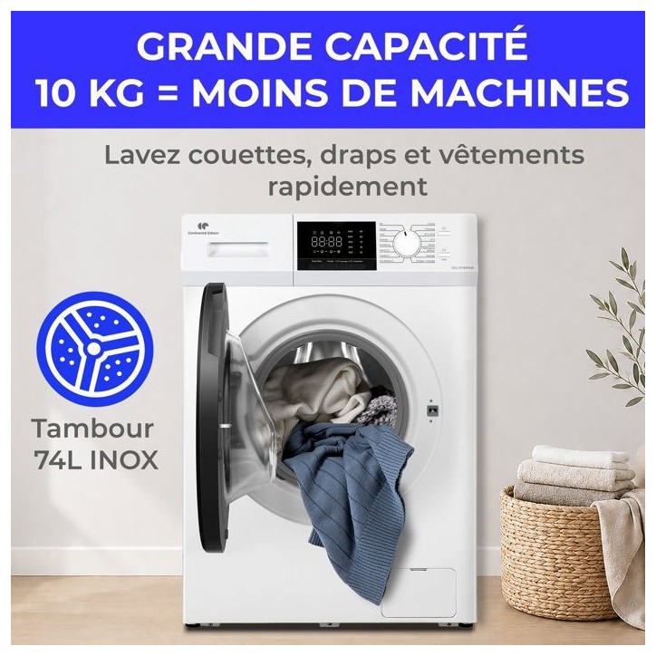 Lave-linge hublot CONTINENTAL EDISON CELL10140WA40 - 10 kg - Induction - L60 cm - Classe A - 1400 trs - Blanc