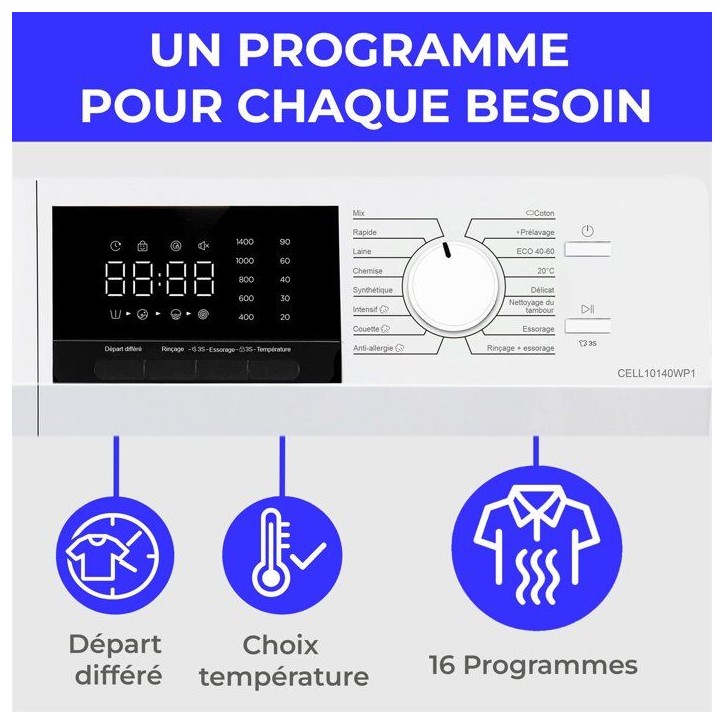 Lave-linge hublot CONTINENTAL EDISON CELL10140WA40 - 10 kg - Induction - L60 cm - Classe A - 1400 trs - Blanc