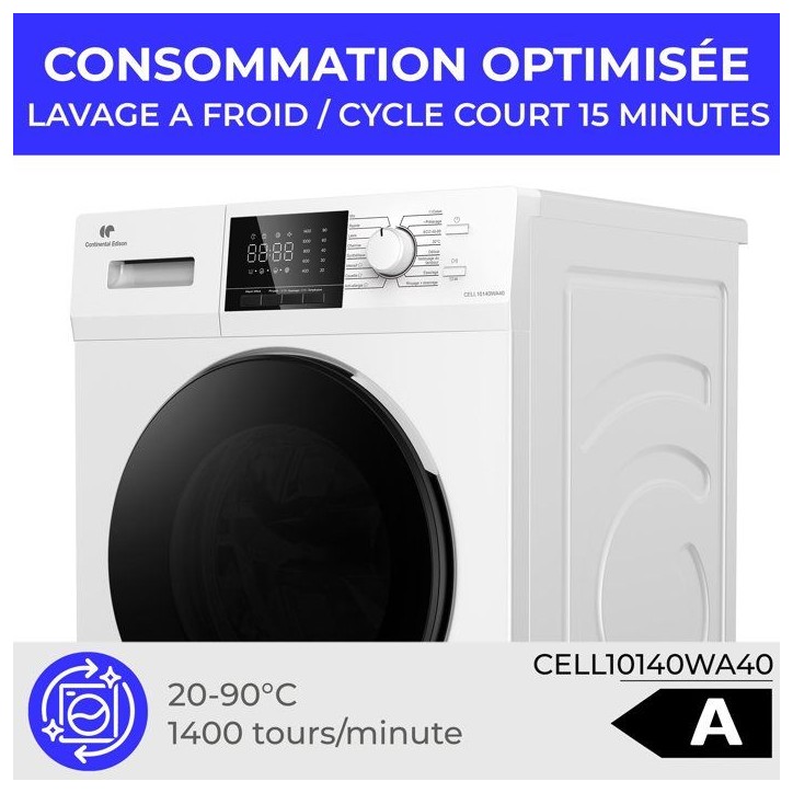 Lave-linge hublot CONTINENTAL EDISON CELL10140WA40 - 10 kg - Induction - L60 cm - Classe A - 1400 trs - Blanc