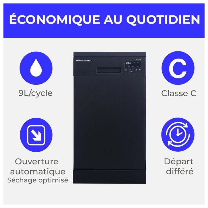 Lave-vaisselle pose libre CONTINENTAL EDISON CELV1044CB - 10 couverts - Induction - L45cm - 44 dB - Noir Lave-vaisselle pose libre CONTINENTAL EDISON CELV1044CB - 10 couverts - Induction - L45cm - 44 dB - Noir