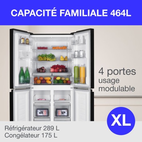 Réfrigérateur Continental Edison CERA4D464B multi portes 464L - Total No Frost (Sans givre) - L79 cm x H 180cm - Noir