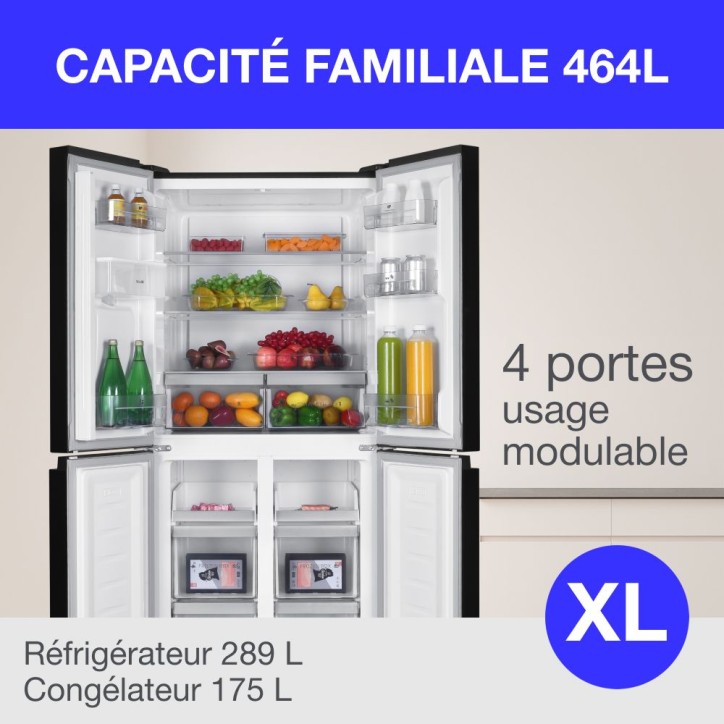 Réfrigérateur Continental Edison CERA4D464B multi portes 464L - Total No Frost (Sans givre) - L79 cm x H 180cm - Noir