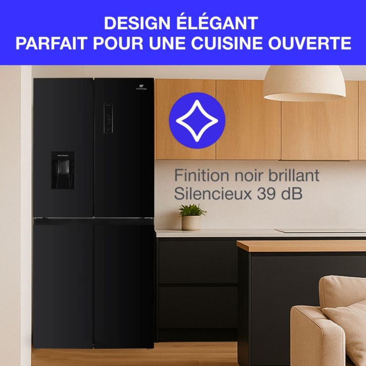 Réfrigérateur Continental Edison CERA4D464B multi portes 464L - Total No Frost (Sans givre) - L79 cm x H 180cm - Noir
