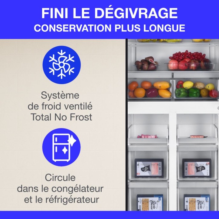 Réfrigérateur Continental Edison CERA4D464B multi portes 464L - Total No Frost (Sans givre) - L79 cm x H 180cm - Noir