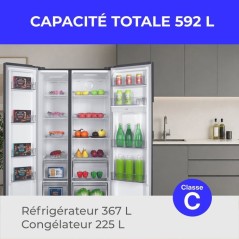 Réfrigérateur américain - CONTINENTAL EDISON - CERA592NFIXC - Distributeur d'eau - 592 L - Total No Frost - Classe C - Inox