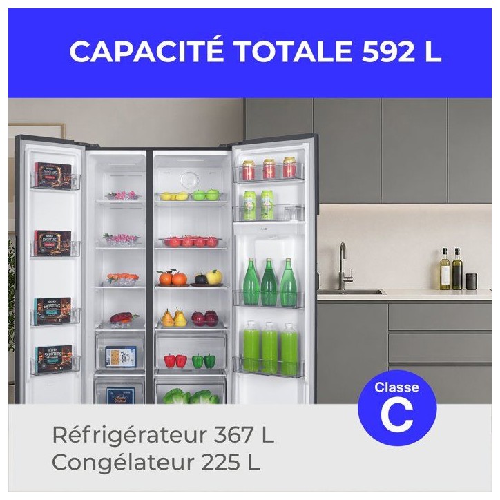 Réfrigérateur américain - CONTINENTAL EDISON - CERA592NFIXC - Distributeur d'eau - 592 L - Total No Frost - Classe C - Inox