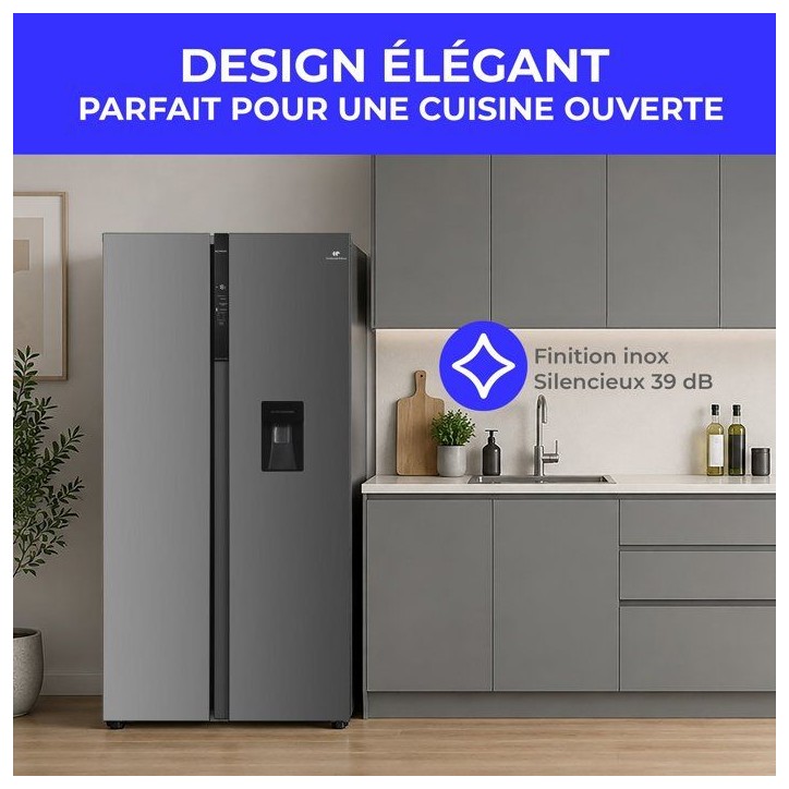 Réfrigérateur américain - CONTINENTAL EDISON - CERA592NFIXC - Distributeur d'eau - 592 L - Total No Frost - Classe C - Inox