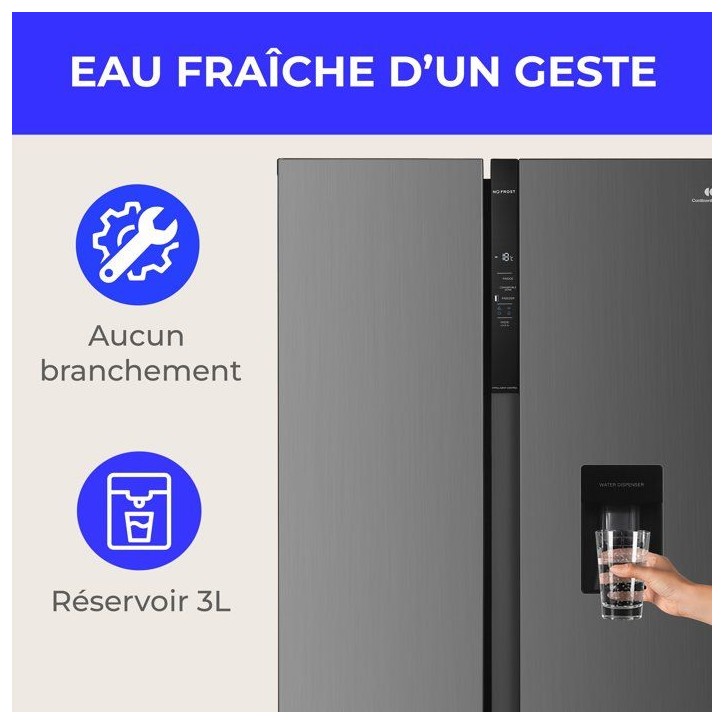 Réfrigérateur américain - CONTINENTAL EDISON - CERA592NFIXC - Distributeur d'eau - 592 L - Total No Frost - Classe C - Inox