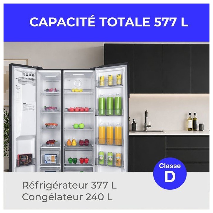 Réfrigérateur américain - CONTINENTAL EDISON - CERANF577NFBD - 577 L - Distributeur - Classe D - 91 x 73 x 177 cm - Inox Noir