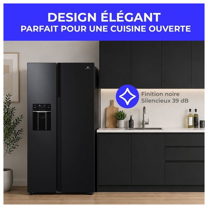 Réfrigérateur américain - CONTINENTAL EDISON - CERANF577NFBD - 577 L - Distributeur - Classe D - 91 x 73 x 177 cm - Inox Noir
