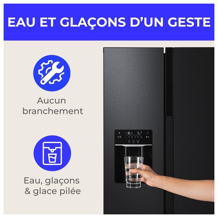 Réfrigérateur américain - CONTINENTAL EDISON - CERANF577NFBD - 577 L - Distributeur - Classe D - 91 x 73 x 177 cm - Inox Noir