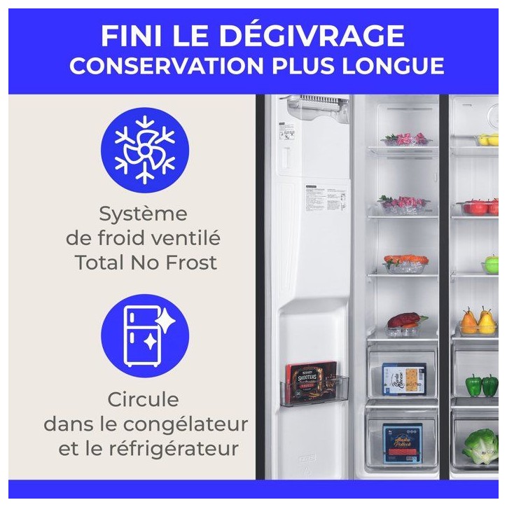 Réfrigérateur américain - CONTINENTAL EDISON - CERANF577NFBD - 577 L - Distributeur - Classe D - 91 x 73 x 177 cm - Inox Noir
