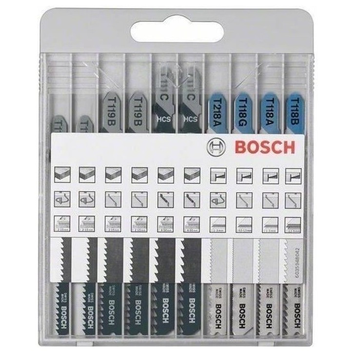 Assortiment de lames de scie sauteuse - BOSCH - 10 pieces - Métal et Bois - Acier - Modeles variés Assortiment de lames de scie sauteuse - BOSCH - 10 pieces - Métal et Bois - Acier - Modeles variés
