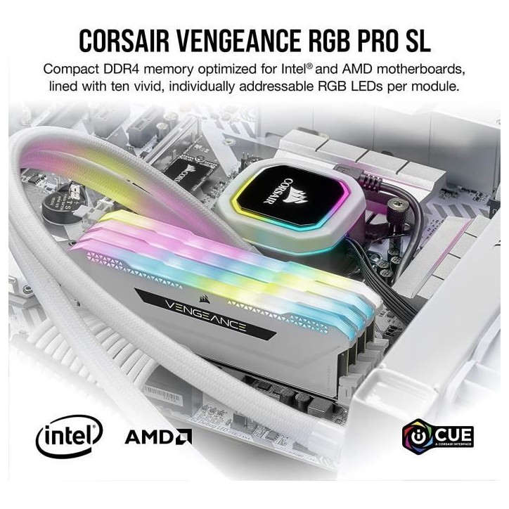 Mémoire RAM - CORSAIR - Vengeance RGB Pro SL DDR4 - 32GB 2x16GB DIMM - 3200 MHz - 1.35V - Blanc (CMH32GX4M2E3200C)