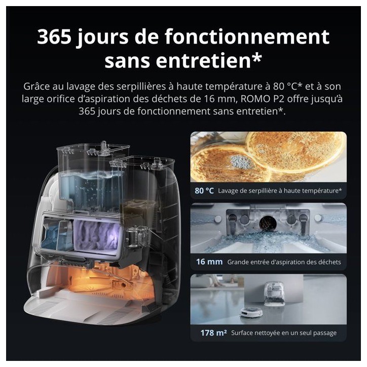DJI ROMO P2 - Robot Aspirateur Laveur - Station autonettoyante haute température - 36000 Pa - Silencieux