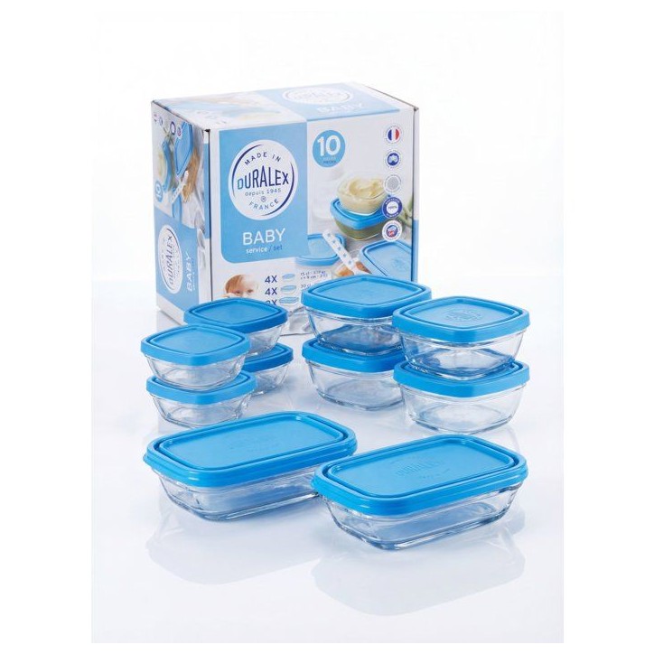 Service repas bébé - DURALEX - Baby Transparent - 10 pieces - Avec couvercle bleu - Verre trempé