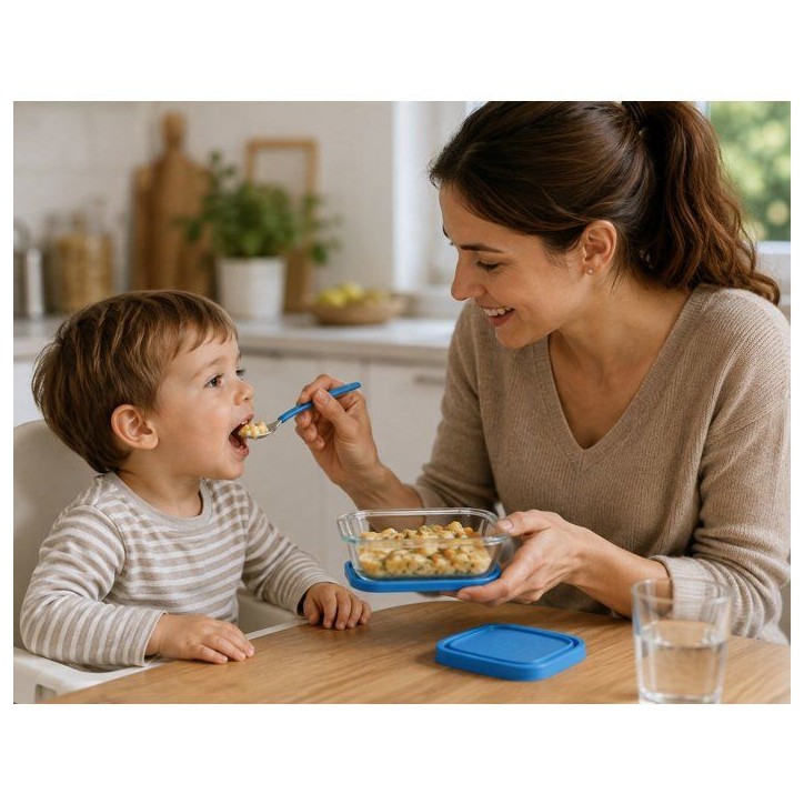 Service repas bébé - DURALEX - Baby Transparent - 10 pieces - Avec couvercle bleu - Verre trempé