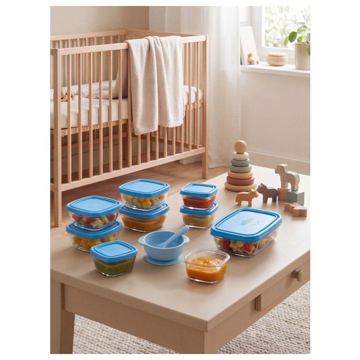 Service repas bébé - DURALEX - Baby Transparent - 10 pieces - Avec couvercle bleu - Verre trempé