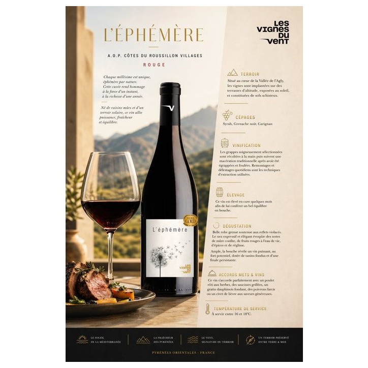 L'Ephémere Les Vignes du Vent 2022 Côtes du Roussillon Villages - Vin rouge de Languedoc