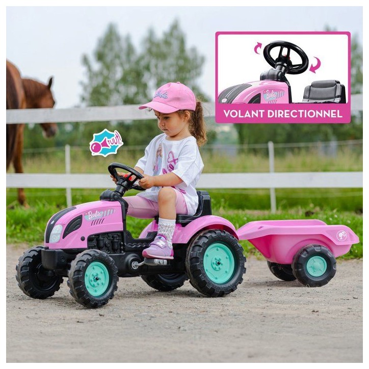 Tracteur a pédales - FALK - Barbie - Avec remorque incluse - Plaque d'immatriculation personnalisable - Des 2 ans Tracteur a pédales - FALK - Barbie - Avec remorque incluse - Plaque d'immatriculation personnalisable - Des 2 ans