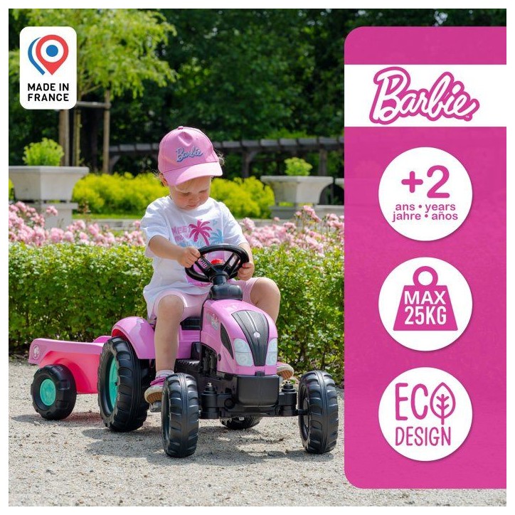 Tracteur a pédales - FALK - Barbie - Avec remorque incluse - Plaque d'immatriculation personnalisable - Des 2 ans Tracteur a pédales - FALK - Barbie - Avec remorque incluse - Plaque d'immatriculation personnalisable - Des 2 ans