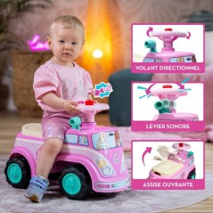 Porteur - FALK - Van rétro Barbie - Assise ouvrante - Volant avec kla