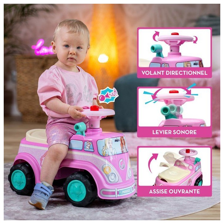 Porteur - FALK - Van rétro Barbie - Assise ouvrante - Volant avec klaxon - Plaque personnalisable - Des 12 mois Porteur - FALK - Van rétro Barbie - Assise ouvrante - Volant avec klaxon - Plaque personnalisable - Des 12 mois