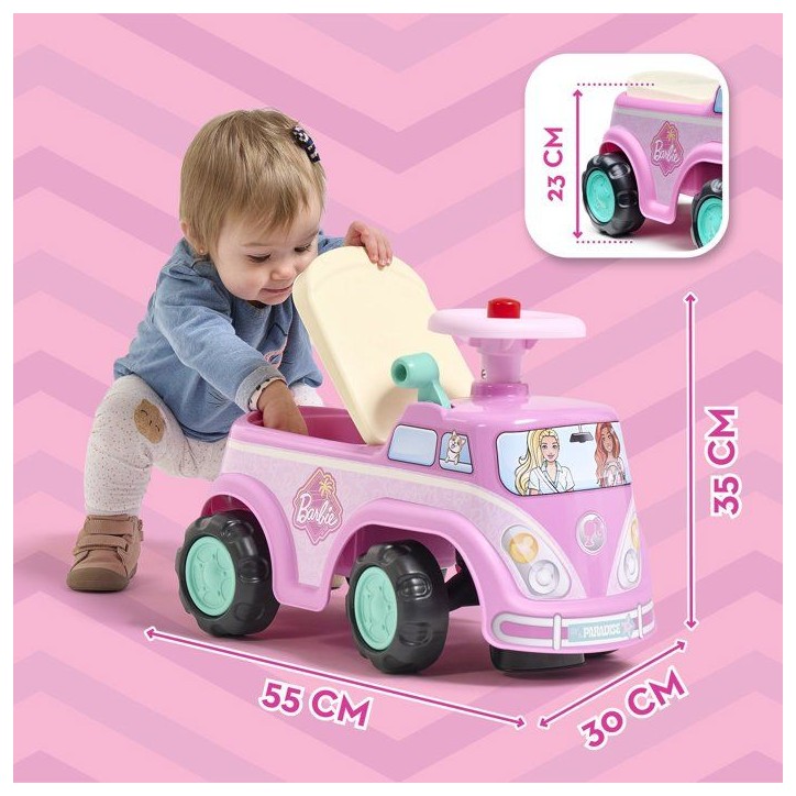 Porteur - FALK - Van rétro Barbie - Assise ouvrante - Volant avec klaxon - Plaque personnalisable - Des 12 mois Porteur - FALK - Van rétro Barbie - Assise ouvrante - Volant avec klaxon - Plaque personnalisable - Des 12 mois