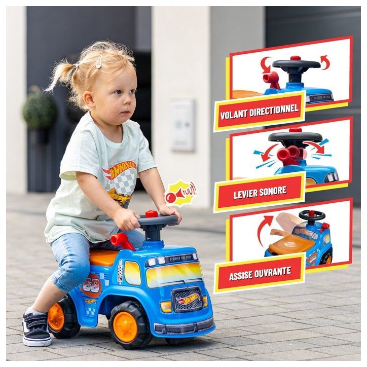 Porteur - FALK - Camion Hot Wheels - Assise ouvrante - Volant avec klaxon - Plaque personnalisable - Des 12 mois Porteur - FALK - Camion Hot Wheels - Assise ouvrante - Volant avec klaxon - Plaque personnalisable - Des 12 mois