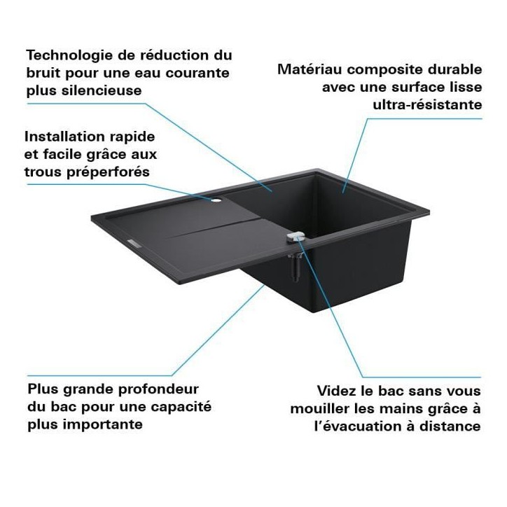 GROHE Evier composite avec égouttoir K400 780 x 500 mm Noir Granite 31639AP0 GROHE Evier composite avec égouttoir K400 780 x 500 mm Noir Granite 31639AP0