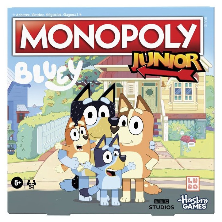 Monopoly Junior : édition Bluey, jeu de plateau pour enfants, des 5 ans, pour pions Bluey, Bingo, Papa et Maman