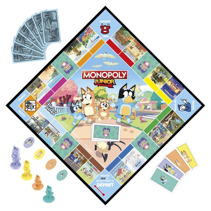 Monopoly Junior : édition Bluey, jeu de plateau pour enfants, des 5 ans, pour pions Bluey, Bingo, Papa et Maman