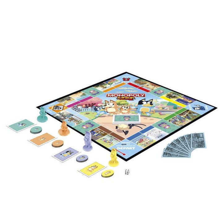 Monopoly Junior : édition Bluey, jeu de plateau pour enfants, des 5 ans, pour pions Bluey, Bingo, Papa et Maman