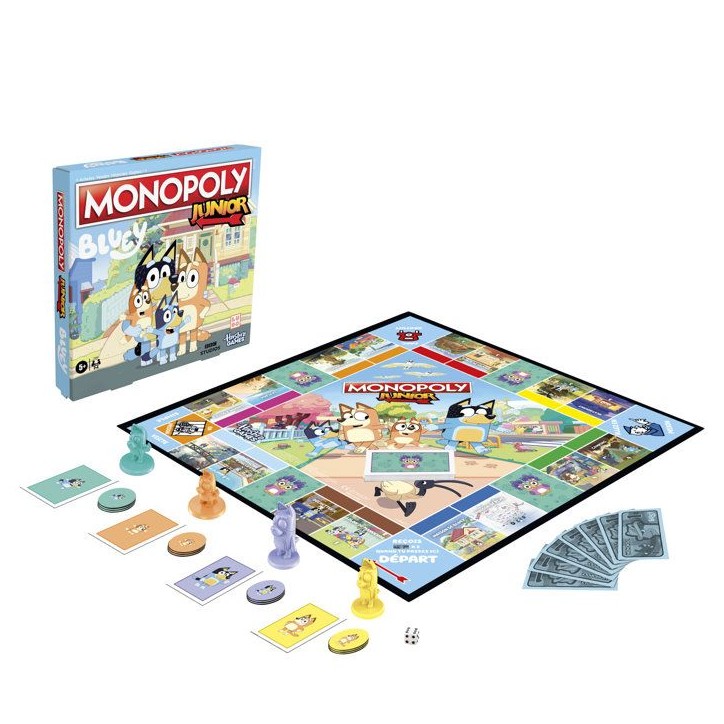 Monopoly Junior : édition Bluey, jeu de plateau pour enfants, des 5 ans, pour pions Bluey, Bingo, Papa et Maman