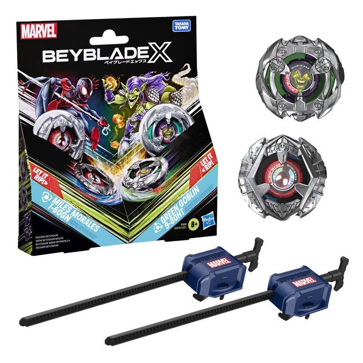 Beyblade X Miles Morales 1-60GN contre Green Goblin 9-80HT, 2 toupies de compétition Takara Tomy, 2 lanceurs, des 8 ans