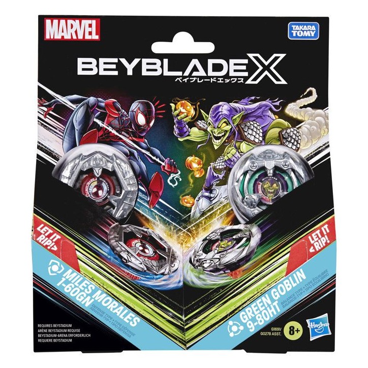 Beyblade X Miles Morales 1-60GN contre Green Goblin 9-80HT, 2 toupies de compétition Takara Tomy, 2 lanceurs, des 8 ans