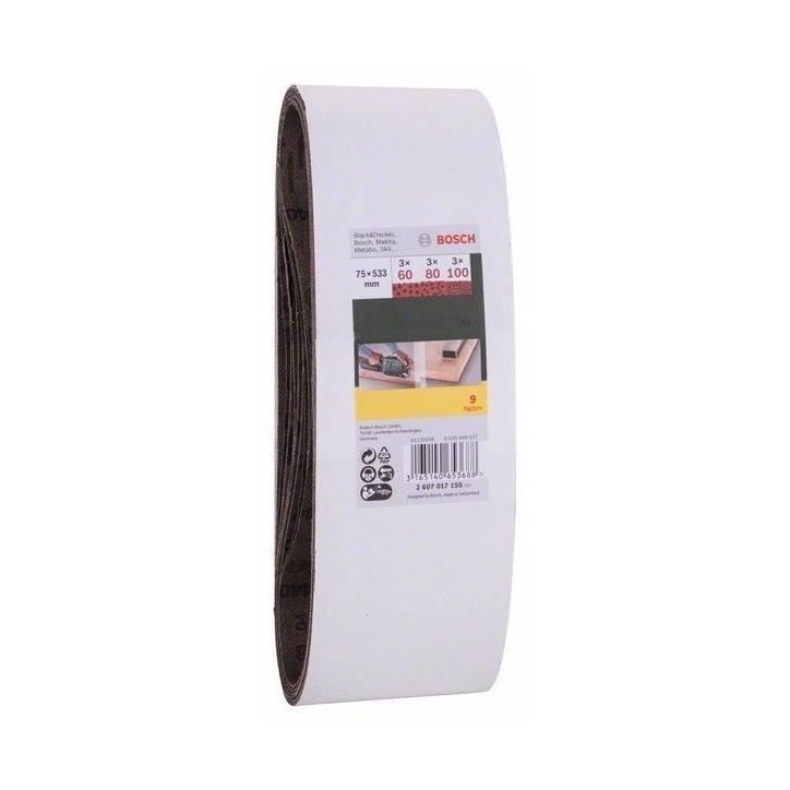 Set de 9 abrasifs pour Ponceuse a bande 74x533 Grain 60/80/100 - BOSCH Set de 9 abrasifs pour Ponceuse a bande 74x533 Grain 60/80/100 - BOSCH