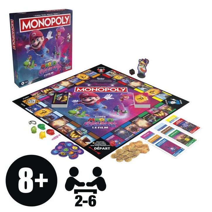 Monopoly Super Mario Galaxy Le Film, jeu de plateau I jeu familial amusant pour enfants, ados et adultes, 2 a 6 joueurs, des 8 a