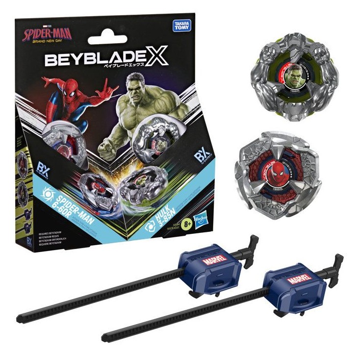 Beyblade X et Marvel, Spider-Man 6-60R contre Hulk 3-85N, 2 toupies de compétition Takara Tomy, 2 lanceurs, des 8 ans