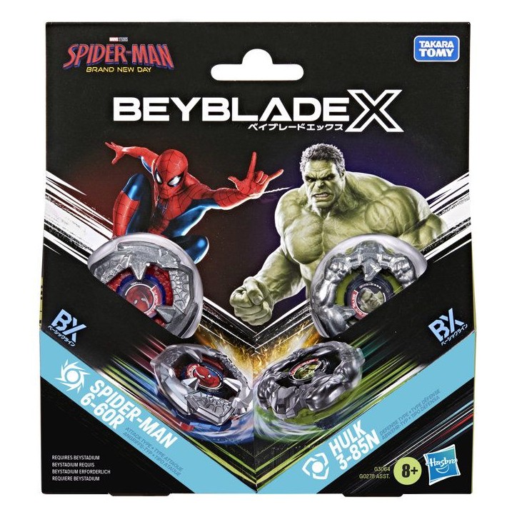 Beyblade X et Marvel, Spider-Man 6-60R contre Hulk 3-85N, 2 toupies de compétition Takara Tomy, 2 lanceurs, des 8 ans